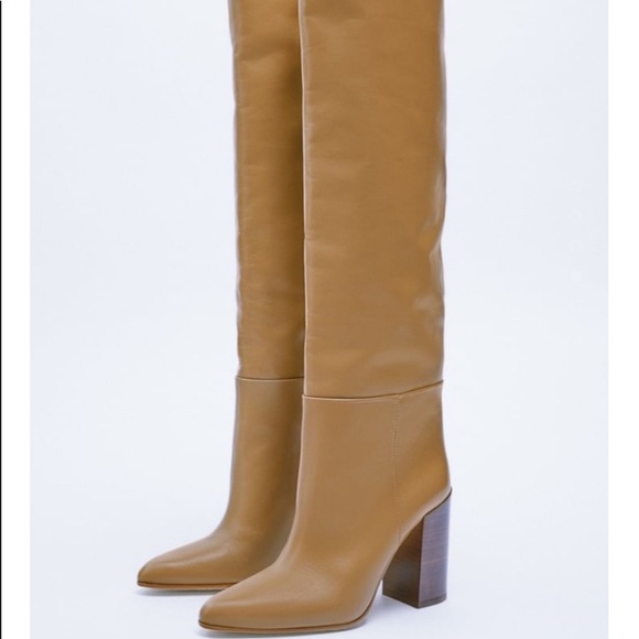 ZARA LEATHER KNEE HIGH HEEL BOOTS - SOLD OUT - Picture 4 of 7